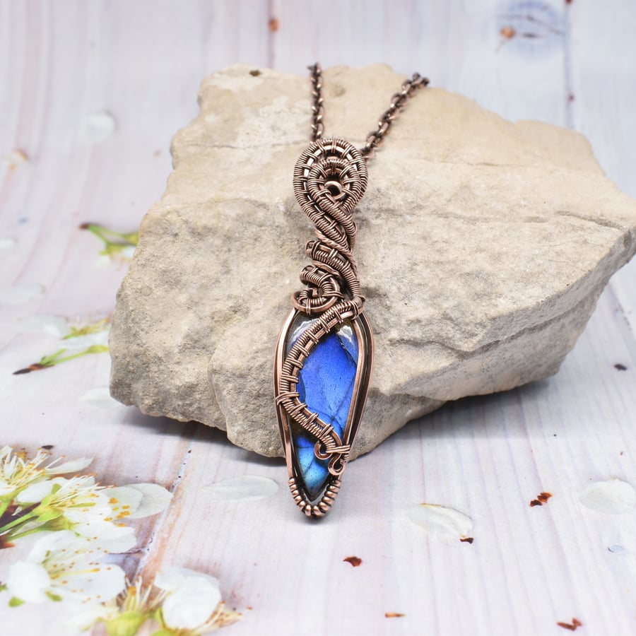 Wire Woven Blue Labradorite and Copper Heady Style Pendant