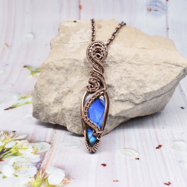 Wire Woven Blue Labradorite and Copper Heady Style Pendant