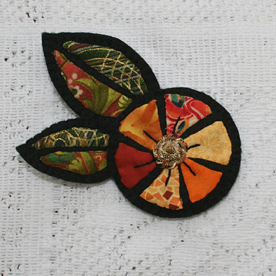 Gold Flower and Leaves Embroidered Felt Brooch