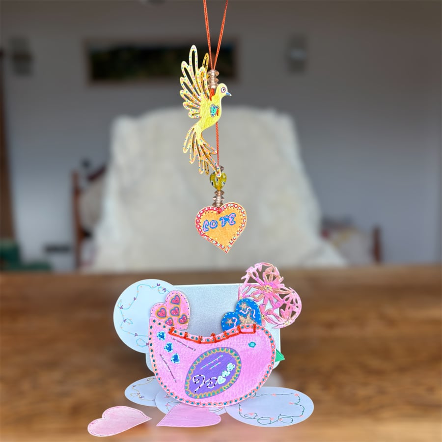 Selection of hand painted magnets and ephemera in a tin - ‘Hearts & Birds 3’