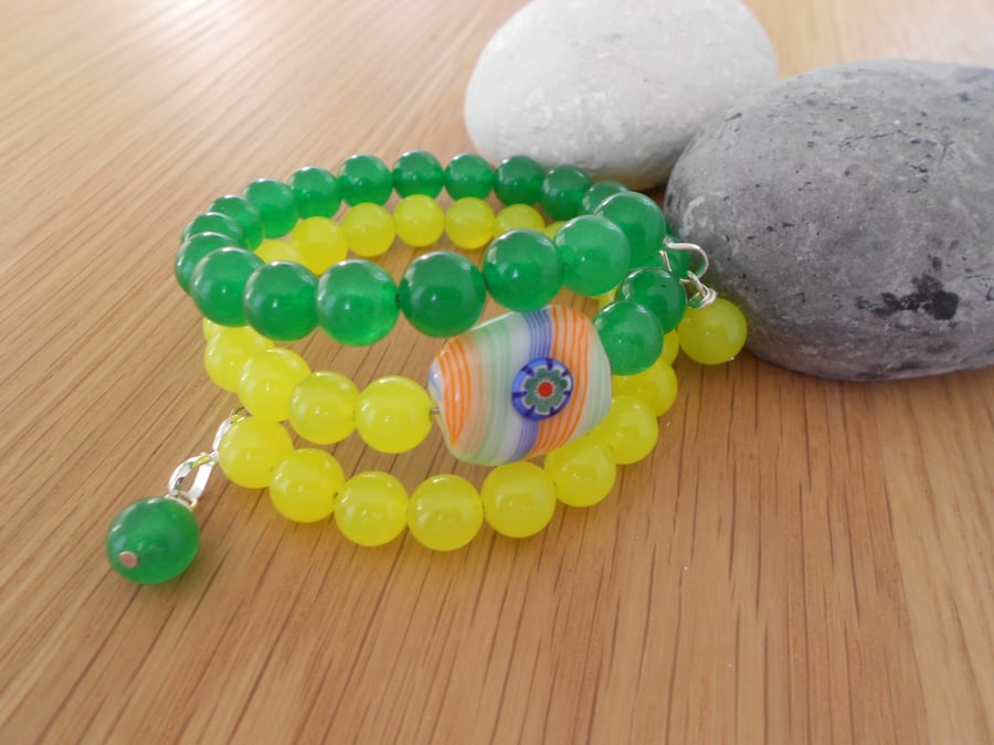 Jade & Millifiori Memory Wire Bracelet