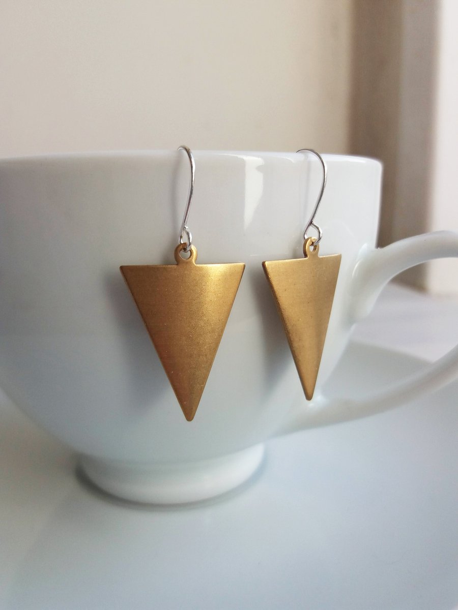 Raw Brass Triangles earrings - golden brass arrows with silver - geometric