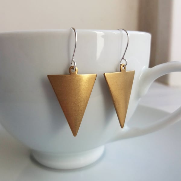 Raw Brass Triangles earrings - golden brass arrows with silver - geometric