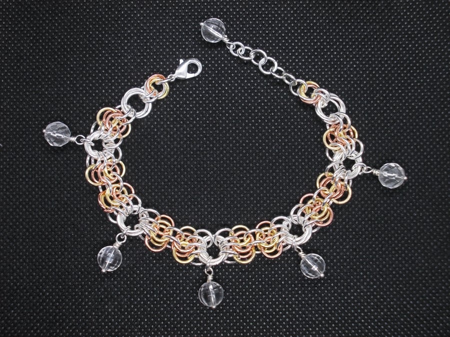 SALE - Butterfly chainmaille bracelet with clear quartz charms
