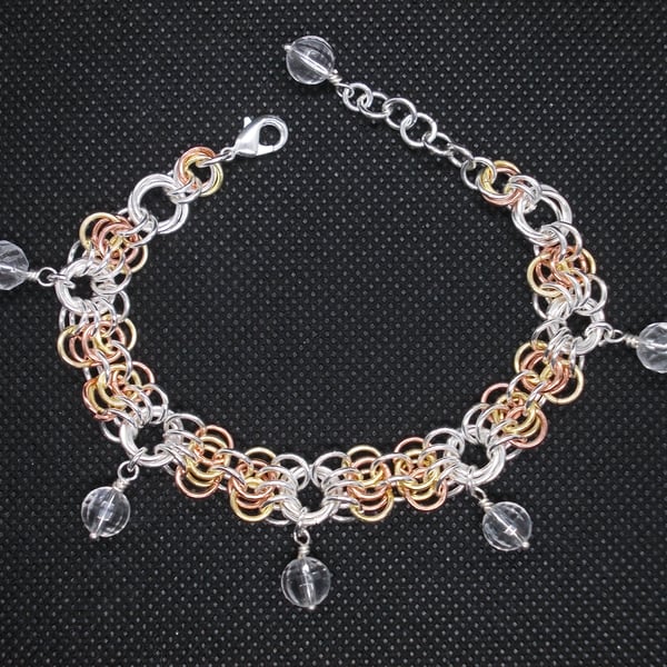 Butterfly chainmaille bracelet with clear quartz charms