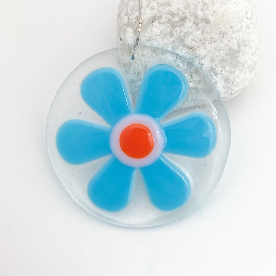 Circular Retro Turquoise Flower Hanging - Handmade Glass Suncatcher