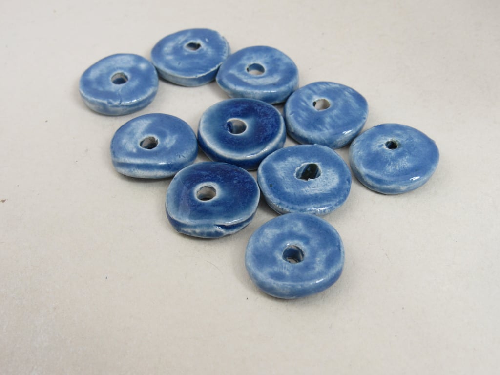 10 Medium Ice Blue Glazed Ceramic Washer Beads