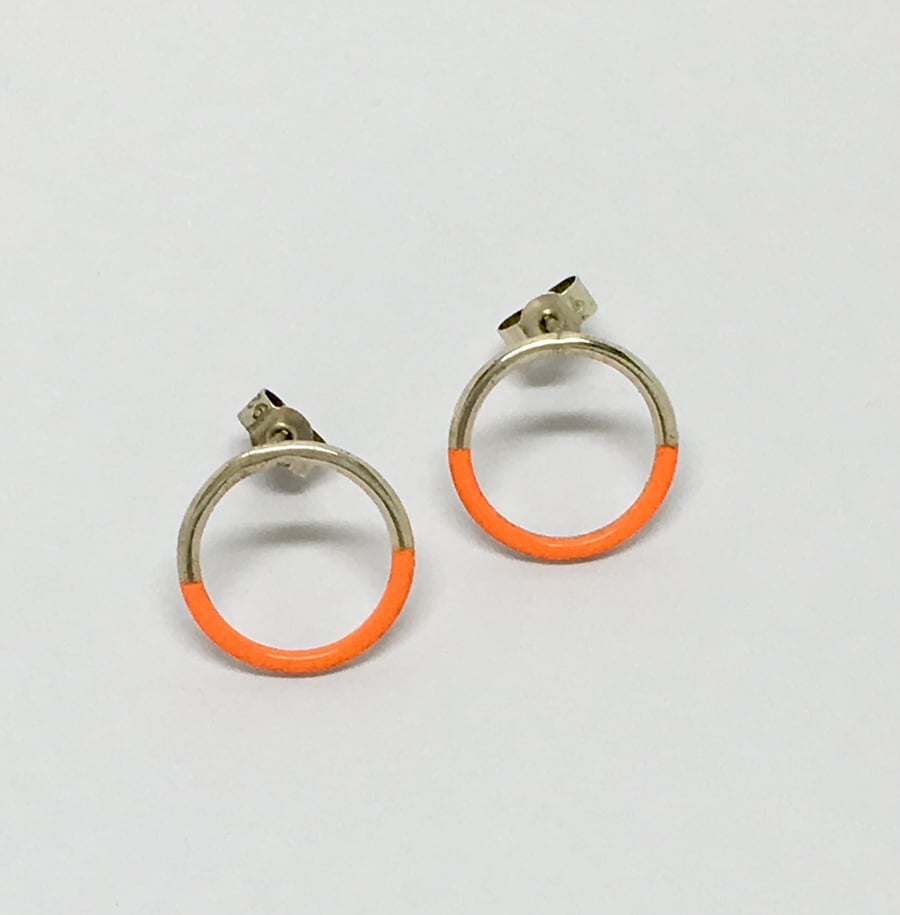 Circle Silver & neon orange enamel stud earrings