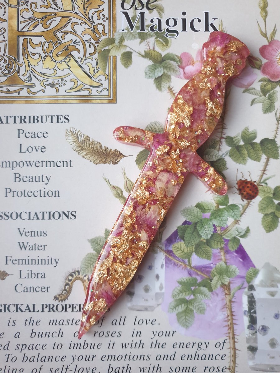 Small Decorative symbolic Rose Petal and Gold Leaf Athame Dagger
