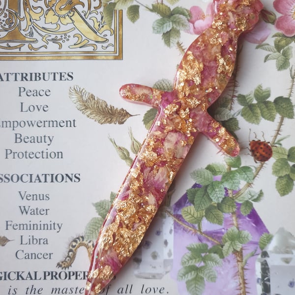 Small Decorative symbolic Rose Petal and Gold Leaf Athame Dagger