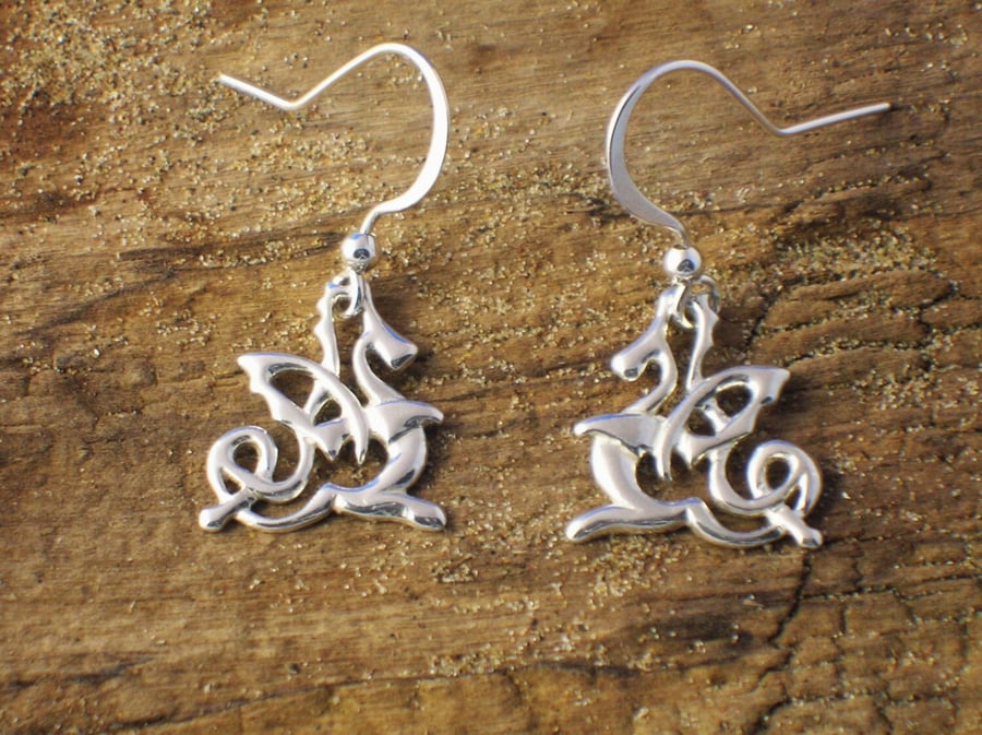 Art Nouveau Silver Dragon Earrings, Celtic Dragon Earrings, Welsh Dragon Earring