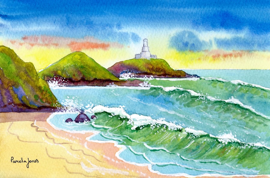 Mumbles Lighthouse, South Wales, Original Watercolour, in 14 x 11'' Mount