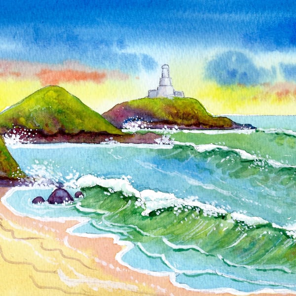 Mumbles Lighthouse, South Wales, Original Watercolour, in 14 x 11'' Mount