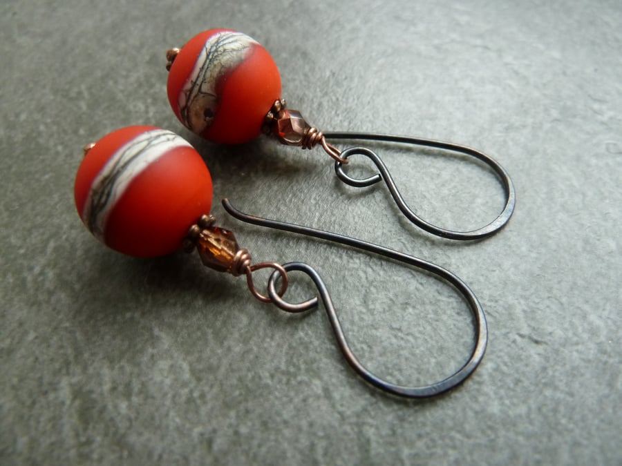 copper earrings, red lampwork glass