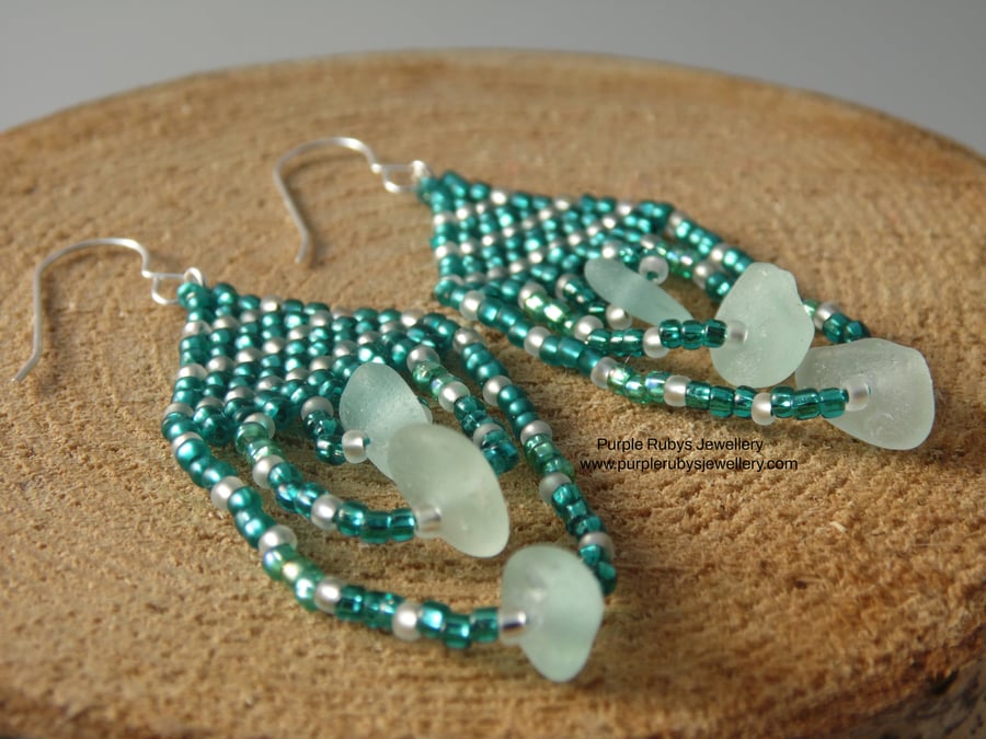 Seafoam Cornish Sea Glass & Teal Beaded Teardrop Earrings E551