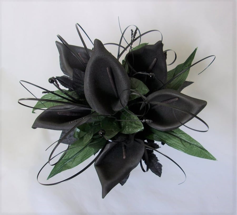 Black Calla Lily & Natural Green Foliage Gothic Bridal Wedding Posy Bouquet