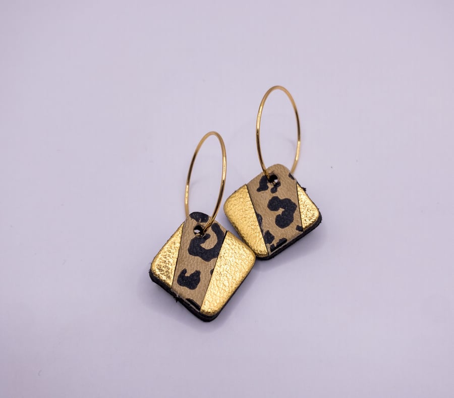 Handmade small square earrings in gold, black and leopard print striped leather,