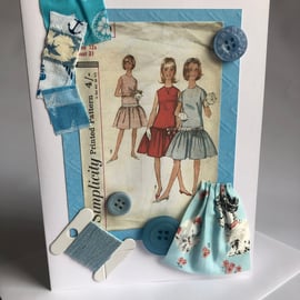 Blue Themed 1960s Girl's Drop Waisted Dress Pattern Embellished Blank Card