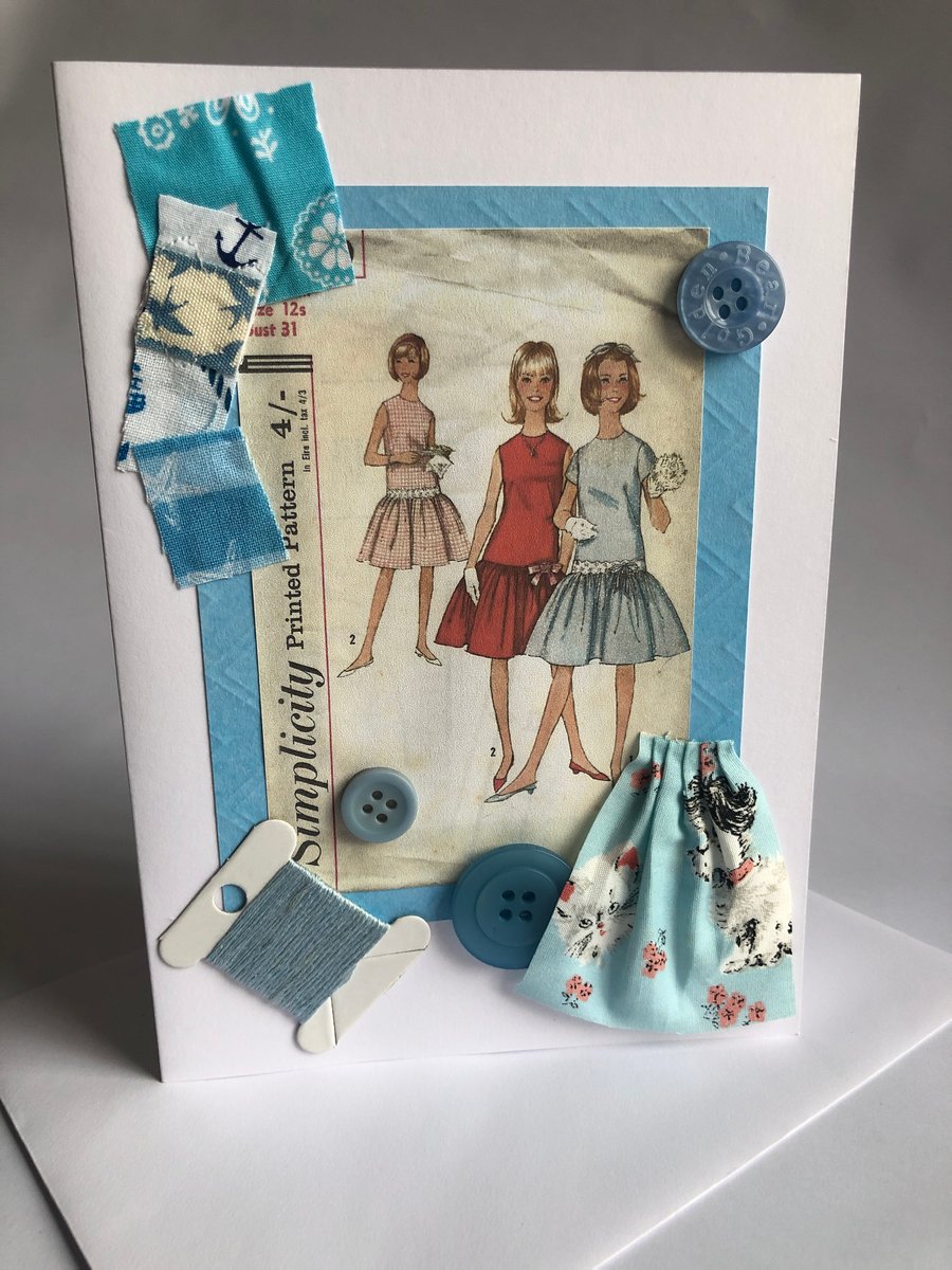 1960s Girl's Drop Waisted Dress Pattern Embellished Birthday or Retirement Card