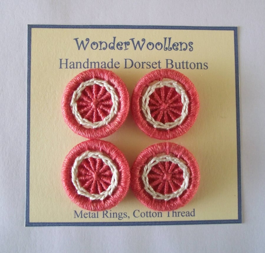 Image of Dorset Buttons, Set of 4, Handmade, Coral, Cream, Cotton,  1", 2.6cm