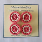 Dorset Buttons, Set of 4, Handmade, Coral, Cream, Cotton,  1", 2.6cm