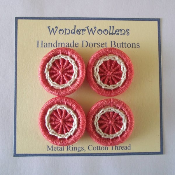 Dorset Buttons, Set of 4, Handmade, Coral, Cream, Cotton,  1", 2.6cm