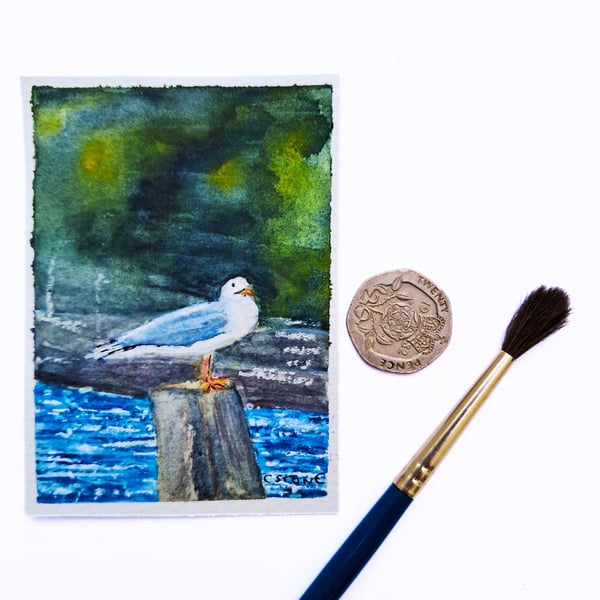 Original ACEO Miniature Watercolour Painting , Seagull at Looe, Cornwall