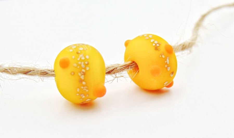 2PCS Handmade Yellow Funky Glass Lampwork Beads with Frosted Organic Design