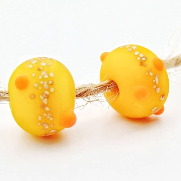 2PCS Handmade Yellow Funky Glass Lampwork Beads with Frosted Organic Design