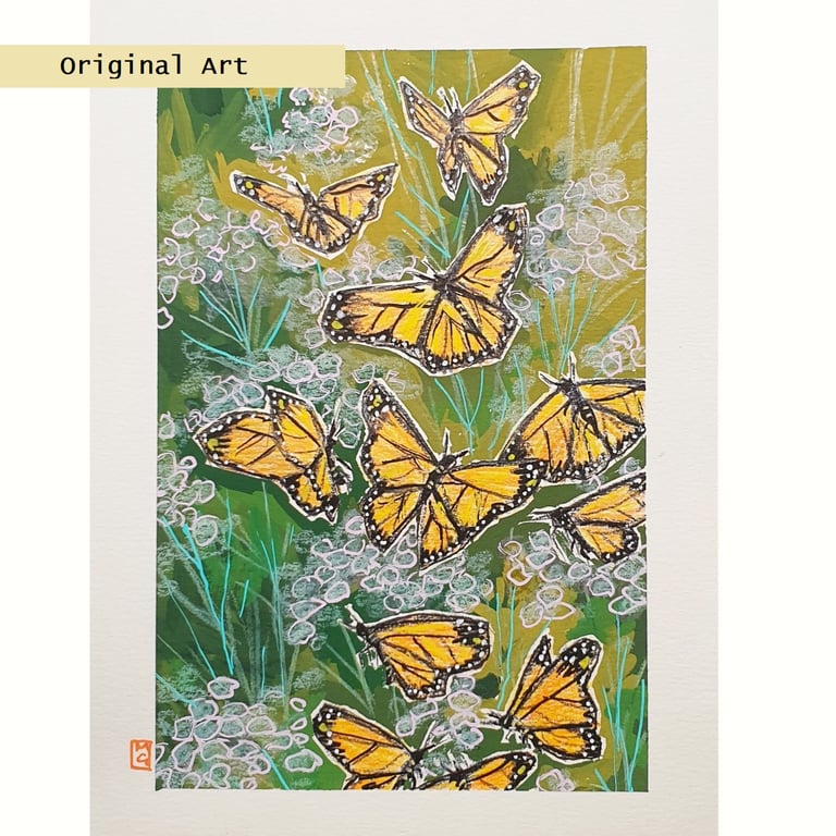 Monarch Butterflies in flight, original drawing, insect artwork, small wall art