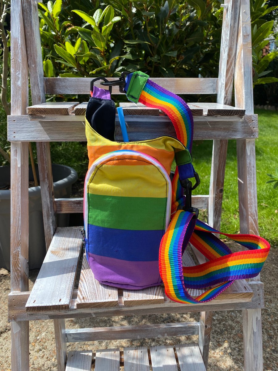 Rainbow print drinks bottle carrier with phone and card pocket 