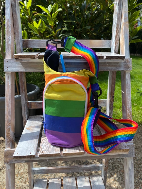 Rainbow print drinks bottle carrier with phone and card pocket 