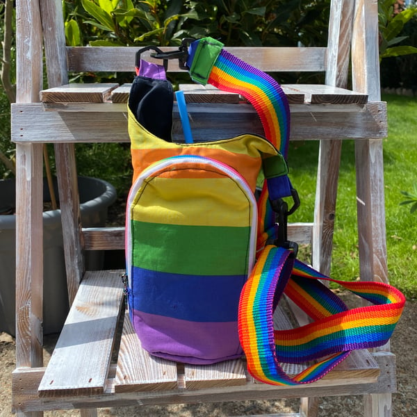Rainbow print drinks bottle carrier with phone and card pocket 