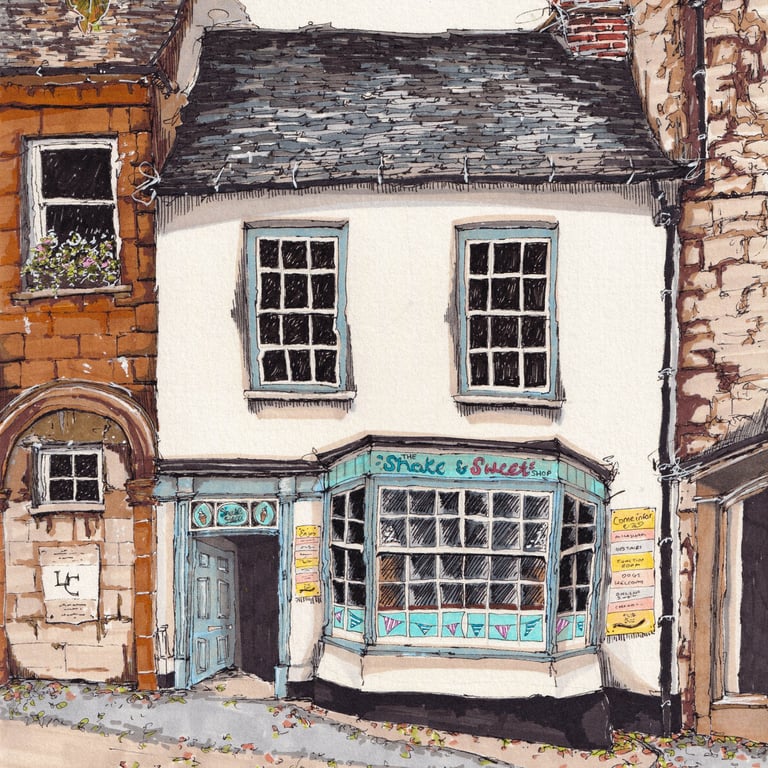 The Shake & Sweet Shop Witney Print - Café Illustration - Oxfordshire Wall Art