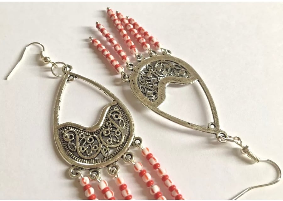 Red & White Beaded Dangle Earrings
