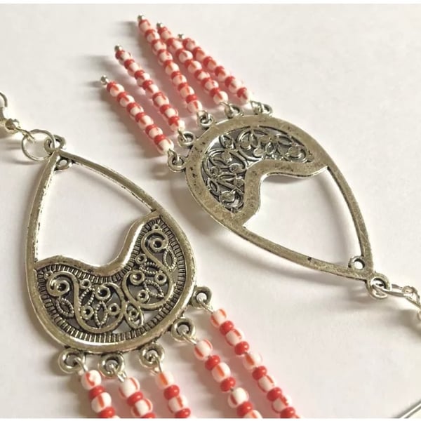 Red & White Beaded Dangle Earrings