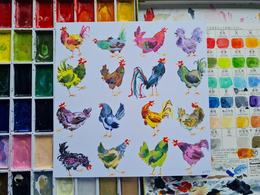 Colourful silly chickens watercolour art print