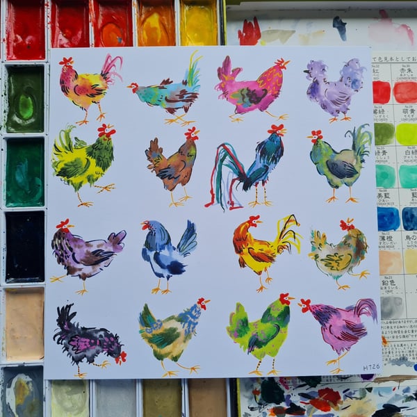 Colourful silly chickens watercolour art print