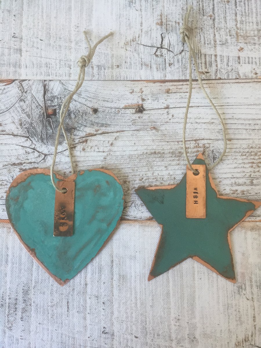 Heart and star verdigris copper decoration gift set.
