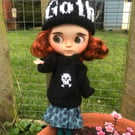 Skull sloppy jumper dress and goth hat for Blythe or Barbie.