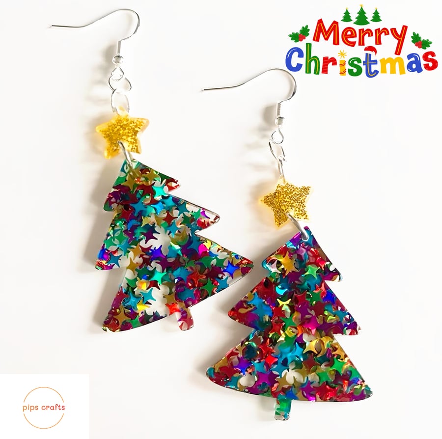 Fun Handmade Sparkly Resin Christmas Tree Earrings -  Quirky Gift Idea