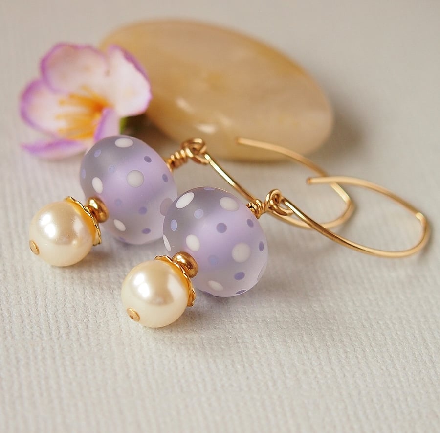 Lilac Ivory Spotted Lampwork Earrings, Glass Bead Earrings,14kt Gold Filled