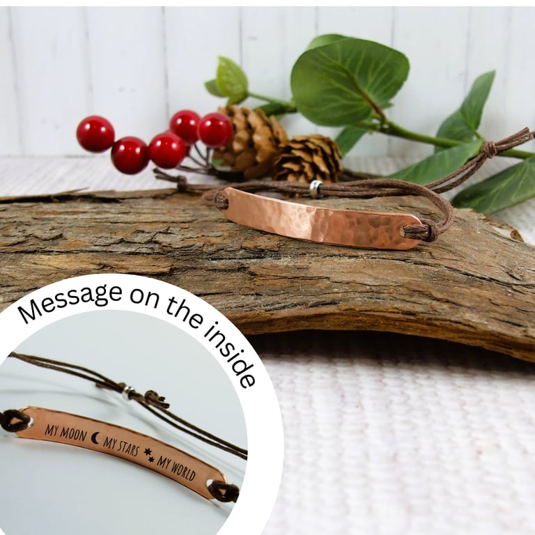 Hammered Copper Bracelet. Hidden Message on Adjustable Waxed Cord 