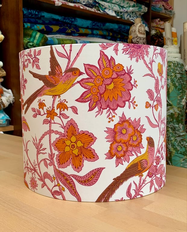 Tropical Pink Orange 70s Floral Bird Spice Island vintage fabric Lampshade 