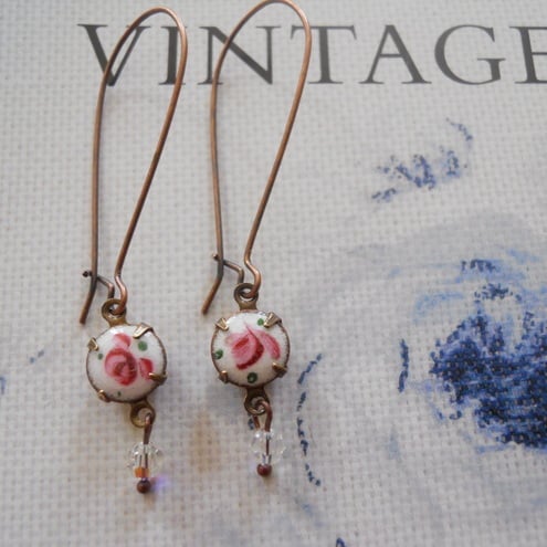 Vintage brass enamel floral guilloche earrings