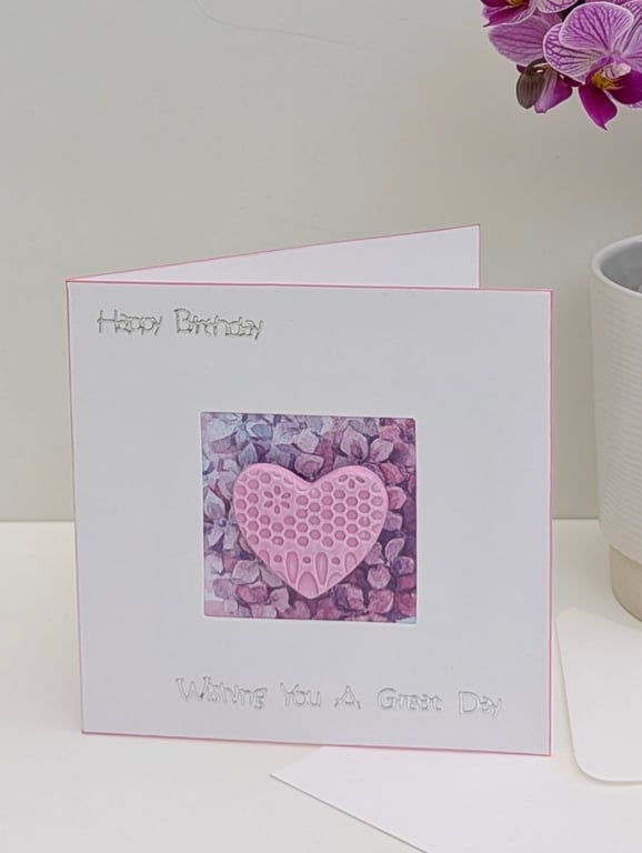 Keepsake handmade birthday card with detachable clay heart fridge magnet 