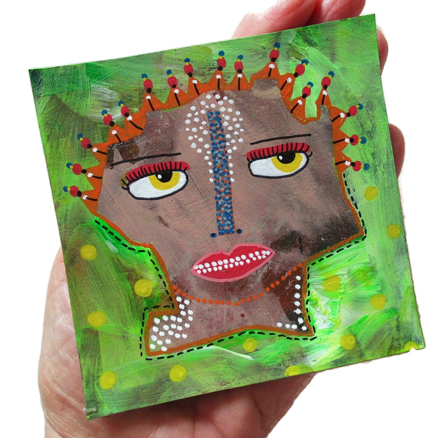 Whimsical Folk Art Abstract Portrait Painting Small Artwork 4x4 Inch Green Brown