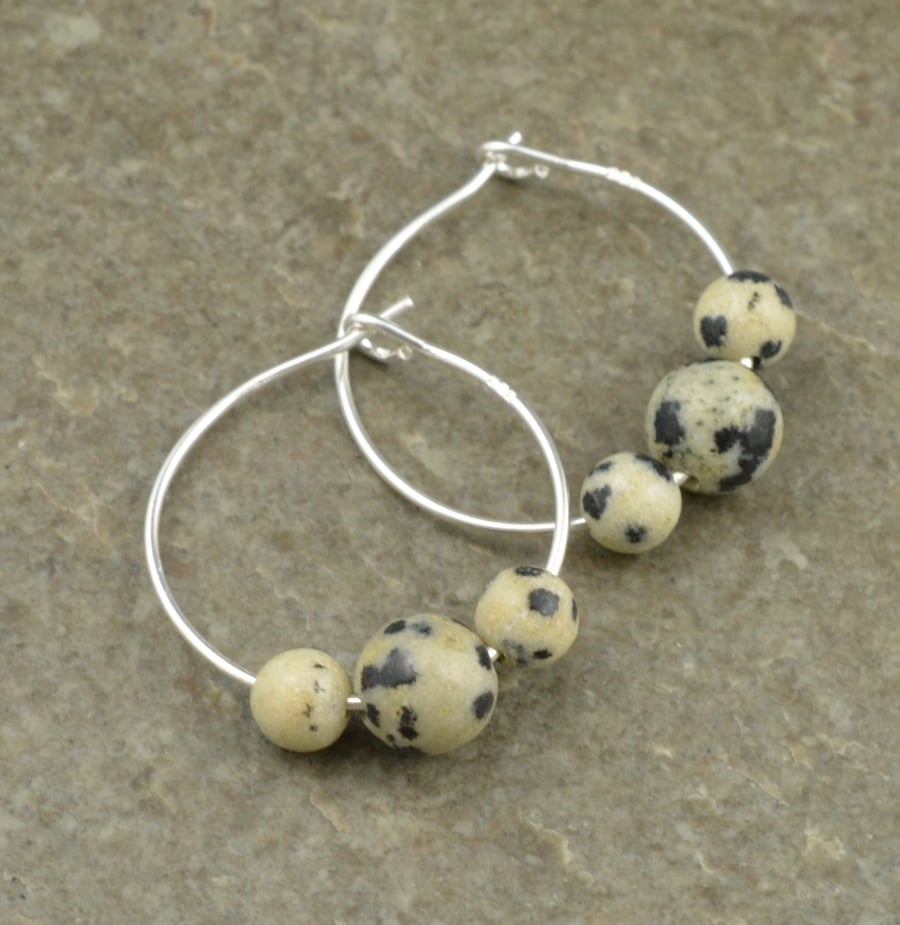 Boho Dalmatian Jasper Gemstone & 20mm Sterling Silver Hoop Earrings