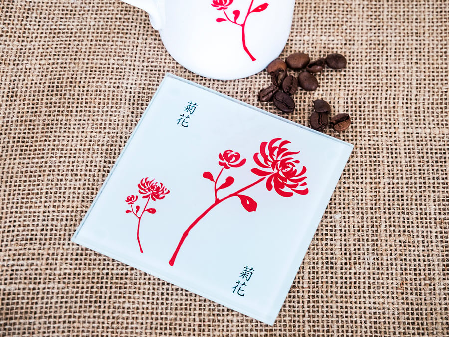 Red Chrysanthemum glass coaster inspired by Chinese Far East Oriental Asia style
