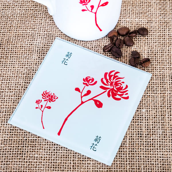 Red Chrysanthemum glass coaster inspired by Chinese Far East Oriental Asia style